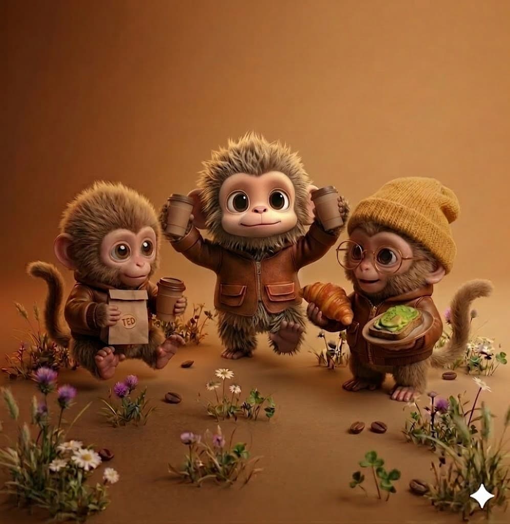 Three friendly Raga mascots holding coffee cups, a croissant, and avocado toast in a meadow of wildflowers